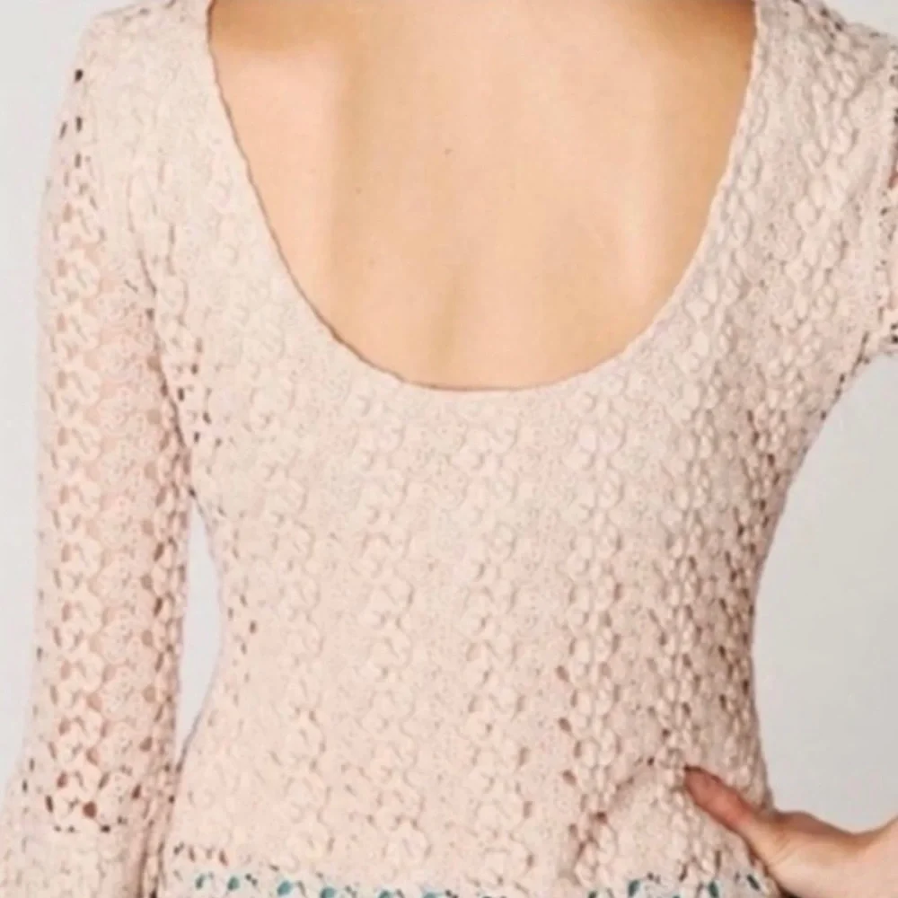 Free People Rosehip Mink Nude Knit Crochet Bell Sleeve Top S